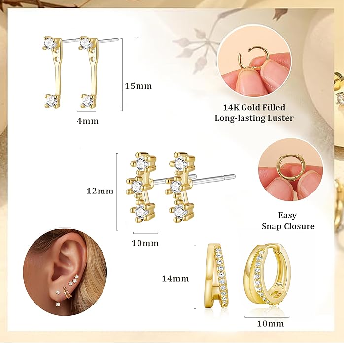 DORANA Valentines Day Gift 3 Pairs 925 Sterling Silver Earrings for Women Girls Non Tarnish Small Hypoallergenic Huggie Hoops Cartilage Stack Earring Sets for Multiple Piercing