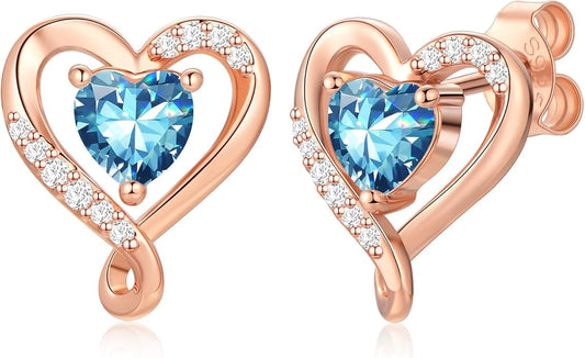 Earrings for Women, S925 Sterling Silver Rose Gold Birthstone Heart Studs Earring for Girlfriend Wife, Anniversary Birthday Christmas Valentines Mothers Day Gifts Jewelry for Women Wife Her Mom