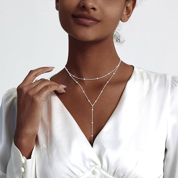 Zeffy Lariat Gold Necklace for Women, Dainty Long Necklace 14k Gold/Silver Plated Layered CZ Beaded Bar Chain Y-Shaped Body Chain Stack Drop Wedding Necklace Trendy Simple Gold Jewelry Gifts