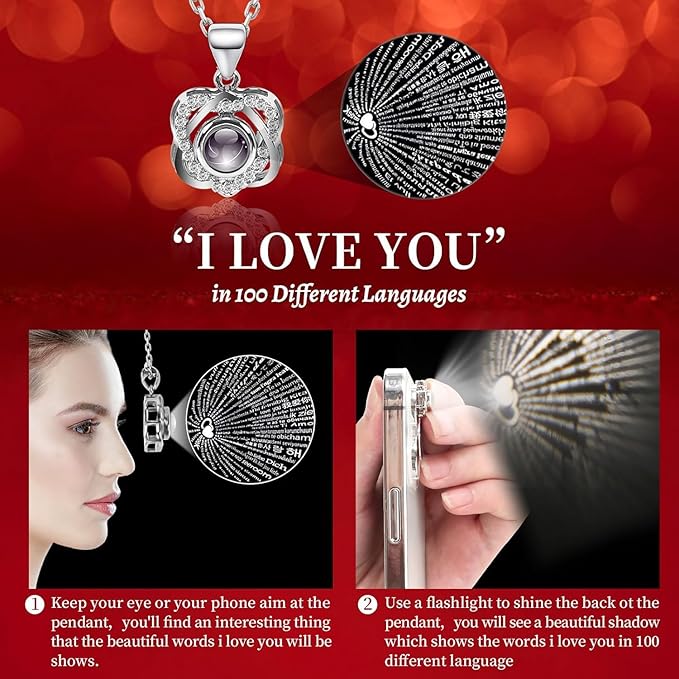 Preserved Dark Pink Real Rose with Heart I Love You Necklace -Eternal Flowers Rose Birthday Gifts for Women Her Mom Wife Girlfriend Grandma on Valentines Mothers Day Christmas Anniversary Romantic