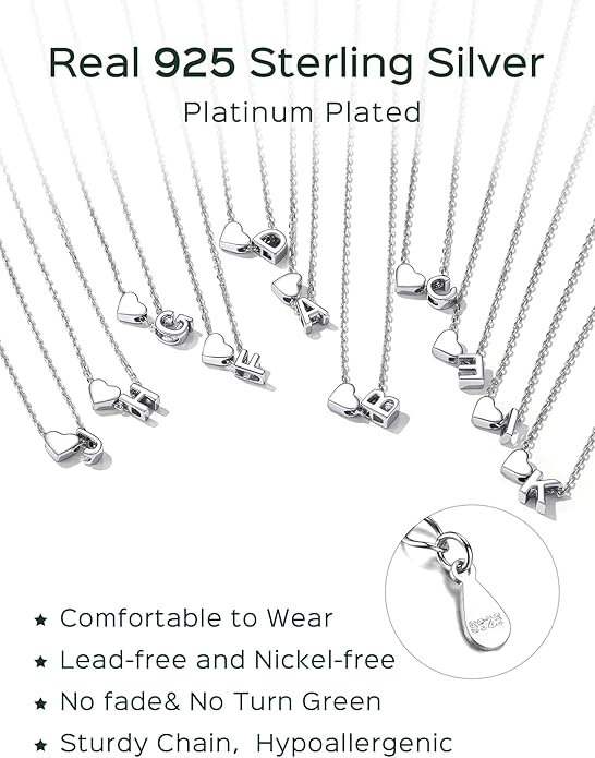 ChicSilver 925 Sterling Silver Heart Initial Necklaces for Women -Dainty Personalized Heart Pendant Letter Alphabet Necklace for Women