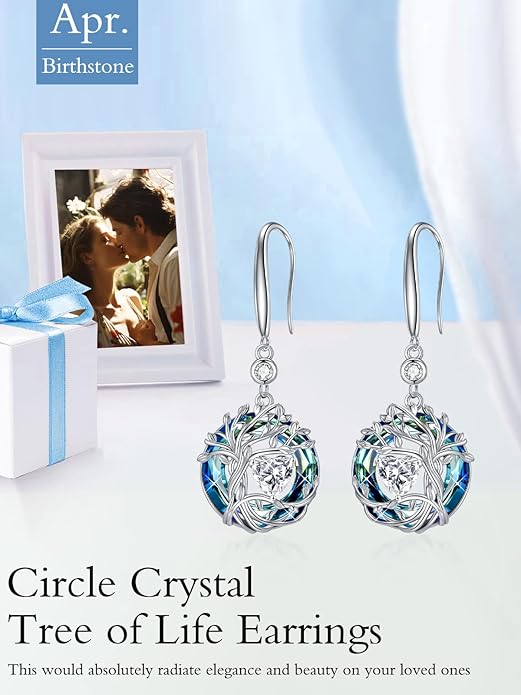 TOUPOP Tree of Life Birthstone Earrings for Women 925 Sterling Silver Family Tree Dangle Earrings Austrian Crystal Jewelry Birthday Christmas Gifts for Her Girlfriend Wife Mom