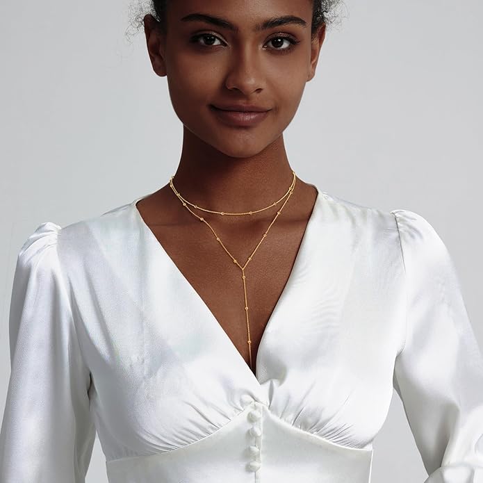 Gold Necklace for Women Trendy Lariat Y Necklace Dainty 14k Gold Plated/Silver Long Necklaces for Women Layered Beaded Drop Necklaces Simple Y-Shaped Chain Jewelry Gifts