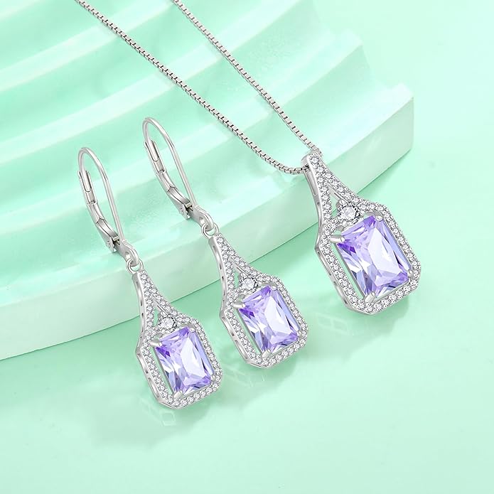 Emerald Cut Dangle Drop Earrings 925 Sterling Silver Halo Rectangular Leverback Earrings Birthstone Jewelry for Women