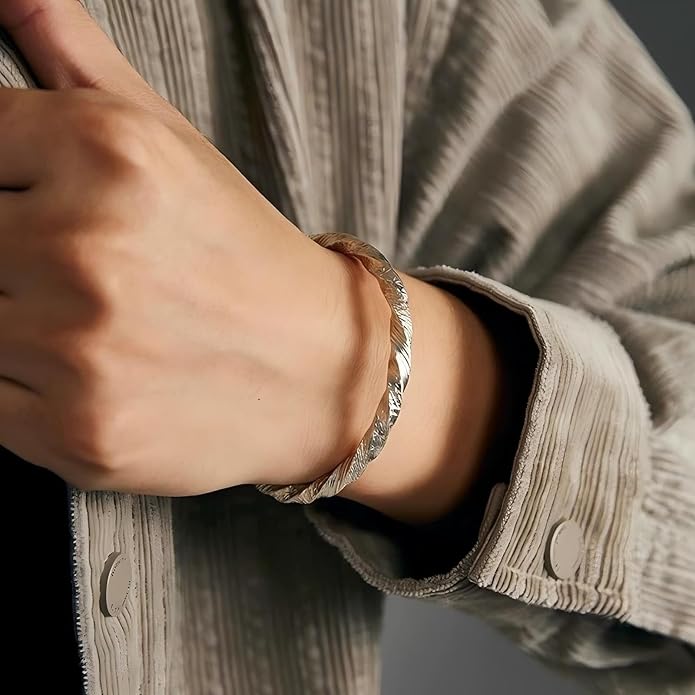 Kim Carrey S925 Sterling Silver Bracelet, Open Bangle Cuff Design, Men's Stacked Bracelets Gift Jewelry for My Man