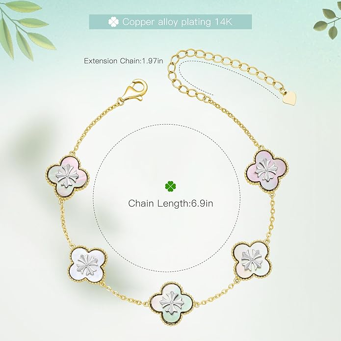 Fydesta 18K Gold Plated Clover Bracelet, Mother of Pearl Four Leaf Flower Bracelet for Women, 6.9" + 2" Adjustable Bracelet, Cross Motif, Gold or Silver Tone
