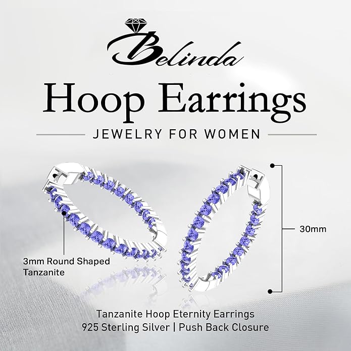Hoop Earrings with 40 Colored Gemstones, Birthstone Earrings, 925 Sterling Silver Rhodium Plated, Push Back Closure, 1.18'