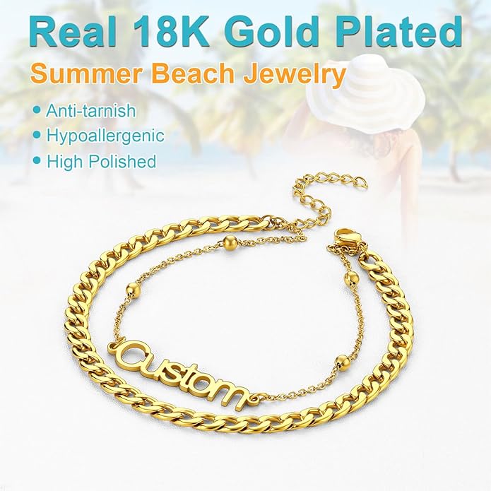 U7 Custom Layered Ankle Bracelets for Women Stainless Steel Bead/Cuban/Figaro/Rope/Wheat Chain Anklet Waterproof Anklet Jewelry for Beach Vacation