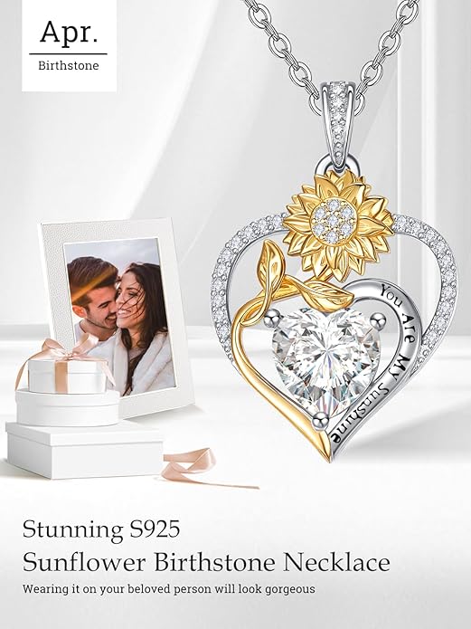 Zeuslia Double Birthstone Necklace Gifts for Wife - 925 Sterling Silver Sunflower/Rose/Crown Cross/Compass/Heart Pendant I Love You Necklace, Anniversary Birthday Gifts for Wife Girlfriend Mom Her