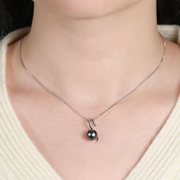 Tahitian Black Pearl Necklaces for Women, Sterling Silver Single Pearl Pendant Necklace Birthday Anniversary Jewelry Gifts for Wife Mom