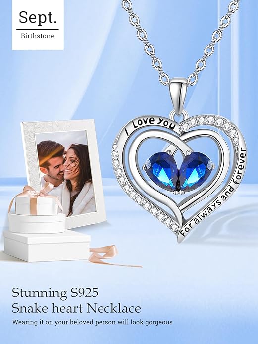 Zeuslia Double Birthstone Necklace Gifts for Wife - 925 Sterling Silver Sunflower/Rose/Crown Cross/Compass/Heart Pendant I Love You Necklace, Anniversary Birthday Gifts for Wife Girlfriend Mom Her