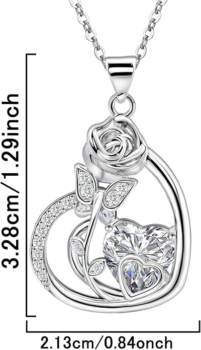 Sterling Silver Heart Rose Flower Necklace for Women Shiny Big Cz Butterfly Pendant Necklace Elegant Rose Promise Necklace Jewelry for Mom Wife Wedding Mother's Day Anniversary Birthday Gifts
