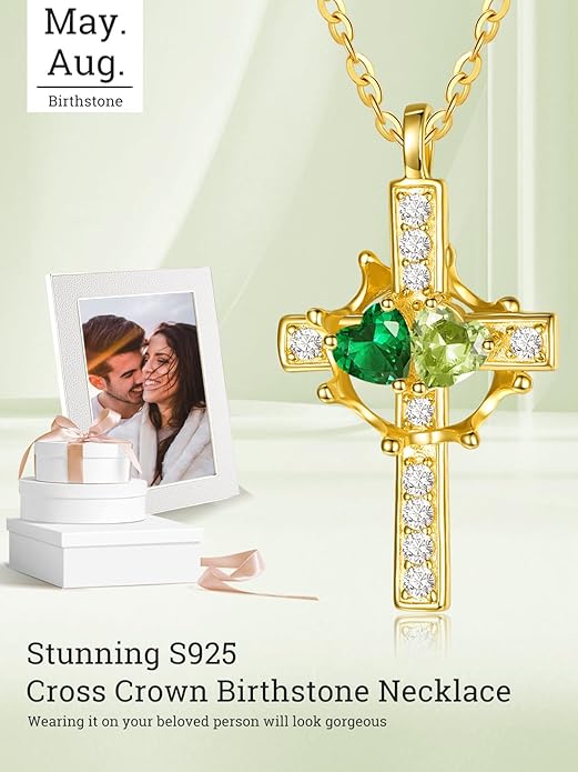 Zeuslia Double Birthstone Necklace Gifts for Wife - 925 Sterling Silver Sunflower/Rose/Crown Cross/Compass/Heart Pendant I Love You Necklace, Anniversary Birthday Gifts for Wife Girlfriend Mom Her