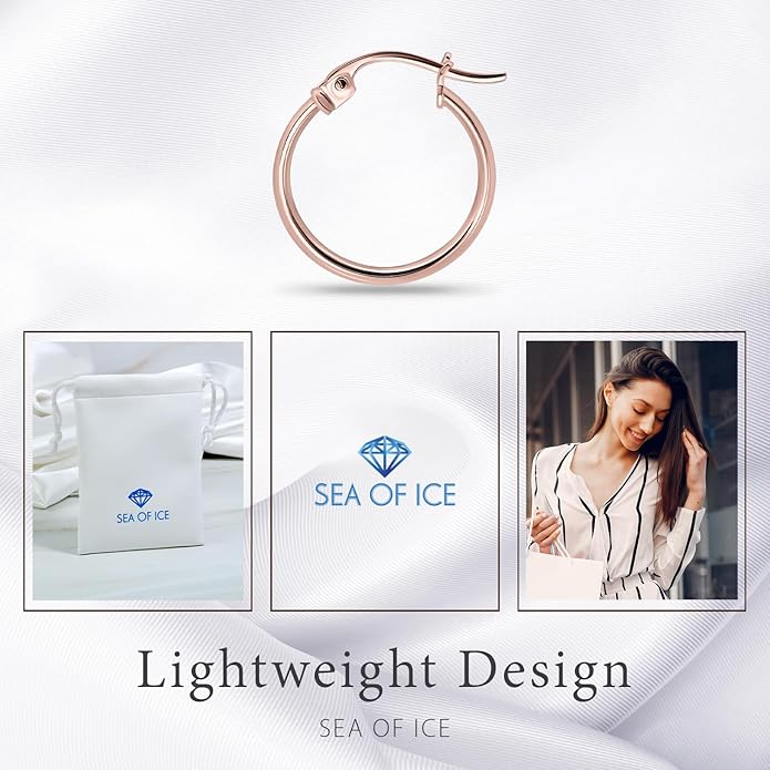 SEA OF ICE 925 Sterling Silver Hoop Earrings for Women - Hypoallergenic Earrings for Women in Sterling Silver, Yellow Gold, Rose Gold or Black Rhodium | Sizes 12MM, 15MM, 20MM or Multipack