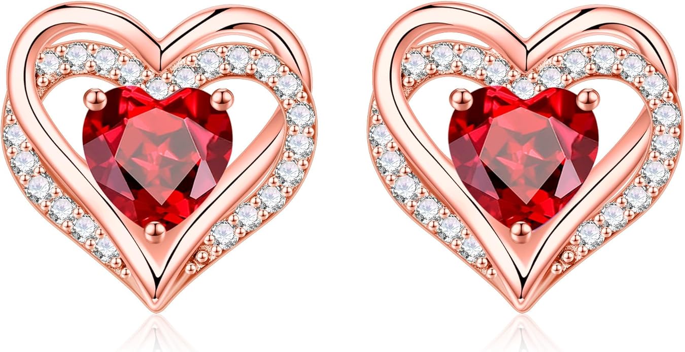 Iefil Birthstone Earrings for Women, 925 Sterling Silver Heart Stud Earrings Birthday Gifts for Women