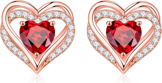 Iefil Birthstone Earrings for Women, 925 Sterling Silver Heart Stud Earrings Birthday Gifts for Women