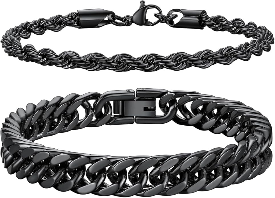 Richsteel 2PCS/3PCS Bracelets Chain for Men Women Stainless Steel Silver/Gold/Black Cuban/Rope Link Chain Bracelets Set, 7.4/8.2/9 Inch Hand Chain Length for Men Women Jewelry