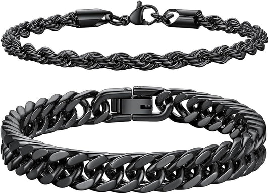Richsteel 2PCS/3PCS Bracelets Chain for Men Women Stainless Steel Silver/Gold/Black Cuban/Rope Link Chain Bracelets Set, 7.4/8.2/9 Inch Hand Chain Length for Men Women Jewelry