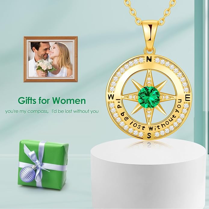 Zifeel Compass Necklace Gifts for Women wife - S925 Sterling Silver Birthstone Necklaces for Women - Anniversary Birthday Gifts for Her Wife Girlfriend - Valentines Mom Mothers Day Christmas Gifts Jewelry for Women