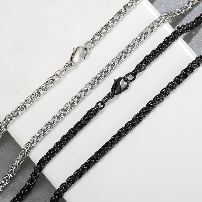 Garysiom 2 Pcs Chains for Men, 4mm Stainless Steel Silver Tone Gold or Black Wheat Necklace Chain for Men Women, 16, 20, 24, 28, 32 Inch