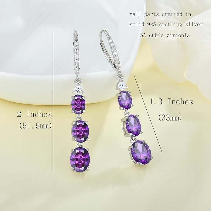 Women 925 Sterling Silver Birthstone 3-stone Leverback Drop Dangle Earrings 5A Cubic Zirconia Jewelry for Her