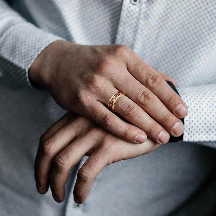 Men's 8mm Black/Gold Tungsten Carbide Wedding Ring Nebula Galaxy Wedding Promise Gold Foil Inlay Real Meteorite Matte Bevel Comfort Fit