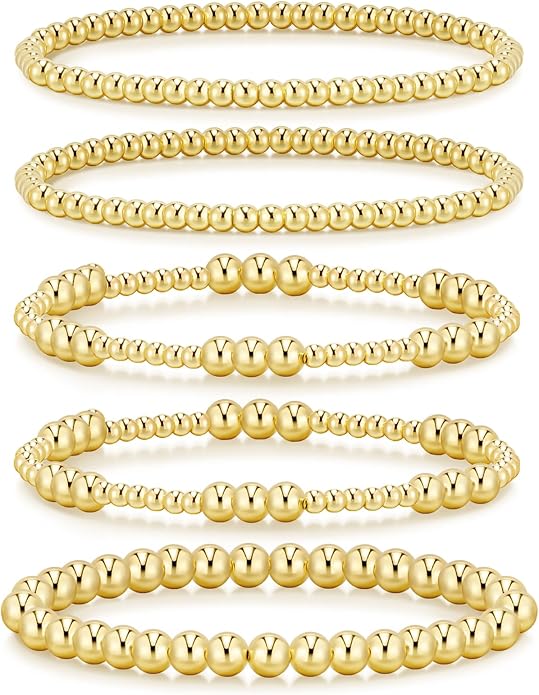 adoyi Gold Bracelets for Women Waterproof, 14K Gold Plated Beaded Strand Bead Ball Bracelets stack Adjustable Jewelry Set for Gifts