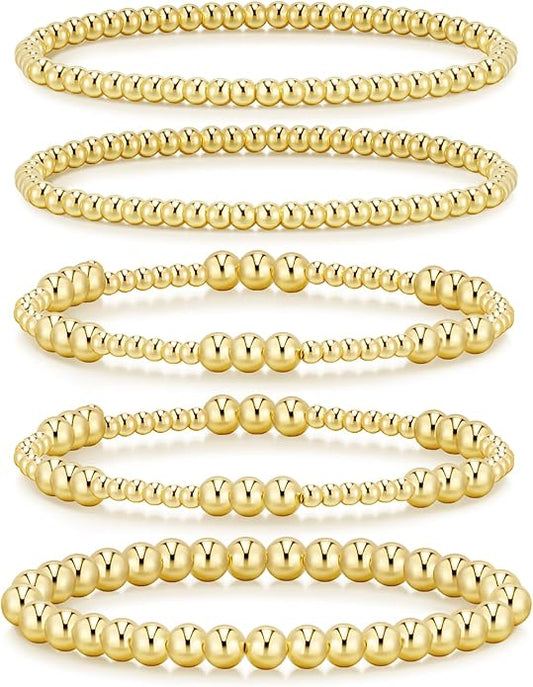 adoyi Gold Bracelets for Women Waterproof, 14K Gold Plated Beaded Strand Bead Ball Bracelets stack Adjustable Jewelry Set for Gifts