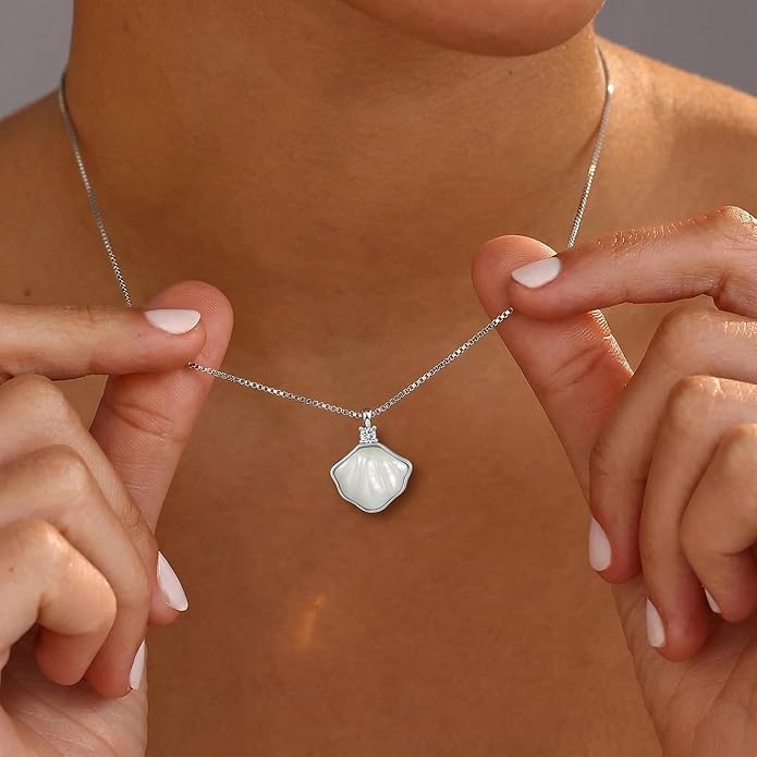 Mother of Pearl Fan Pendant Necklace -Sterling Silver Necklace, Size 16 Inch, Dainty Ocean-Inspired Jewelry for Women, Perfect for Daily Wear and Gifting