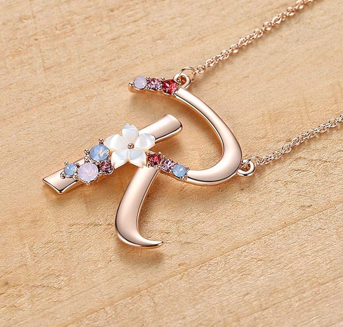 Flower Initial Letter Necklace Pink Red Blue Simulated Pearl Pendant Name Jewelry Made with Austrian Crystals Rose Gold Plated Anniversary Birthday Gifts for Women,18"+2"