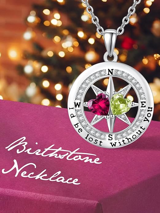 JIYVY32 Compass Birthstones Necklace for Women, Exquisite S925 Necklace Anniversary Birthday Gifts for Wife Her Double Birthstone Pendant jewelry ‘I'd be Lost Without You’