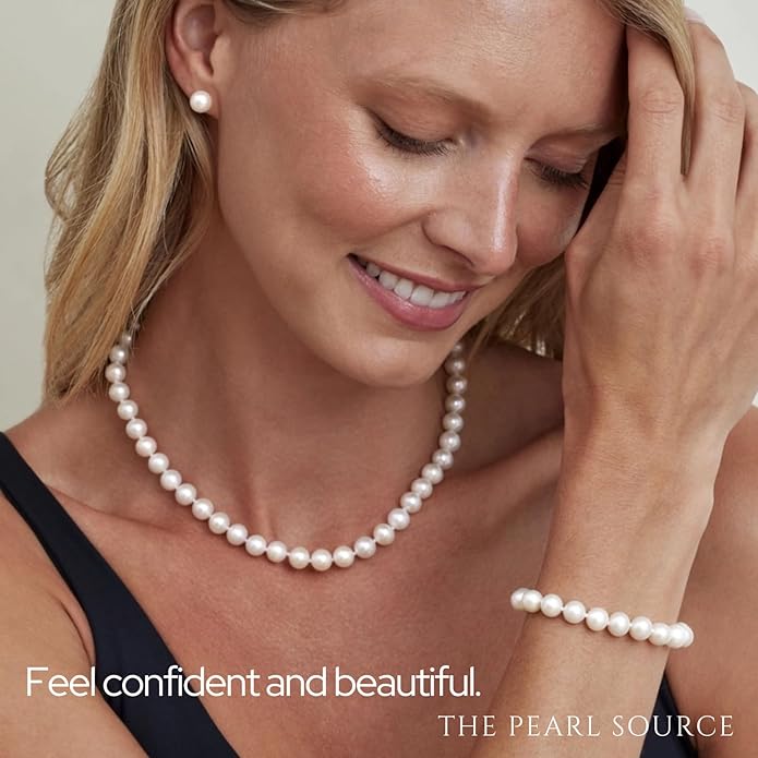 The Pearl Source 14K Gold AAA Quality Round White Freshwater Cultured Pearl Necklace for Women in 20" Matinee Length