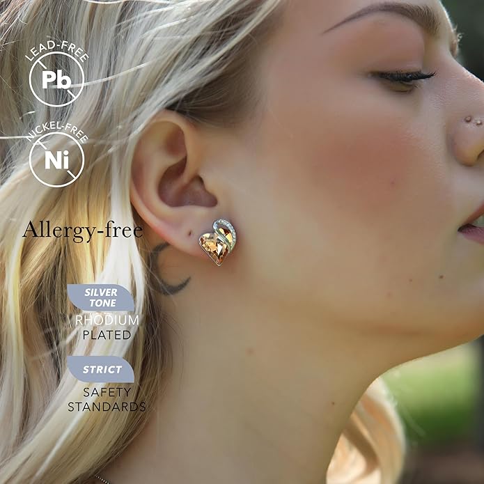 Earrings for Women, Mothers Day Gift for Mom, Heart Birthstone Crystal Stud Earring, Silver Plated Birthday Jewelry