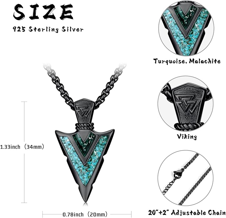 Suiknsn Arrowhead Necklace for Men Women 925 Sterling Silver Turquoise Malachite Celtic/Eye of Horus/Viking Arrow Pendant Amulet Jewelry Gifts Native American Necklace