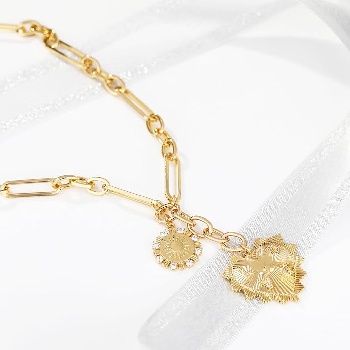 Chunky Gold Necklace for Women, 18K Waterproof Heart Necklace Statement Necklace Gold Charm Necklace Chunky Jewelry Paperclip Chain Choker Gift for Women