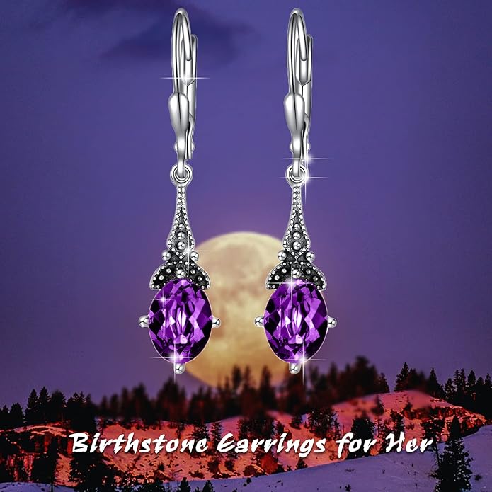AOBOCO Vintage Earrings for Women Sterling Silver Retro Drop Dangle Leverback Earrings with 8x6mm Oval Genuine or Simulated Birthstone Crystal from Austria, Anniversary Jewelry Gifts for Her Women