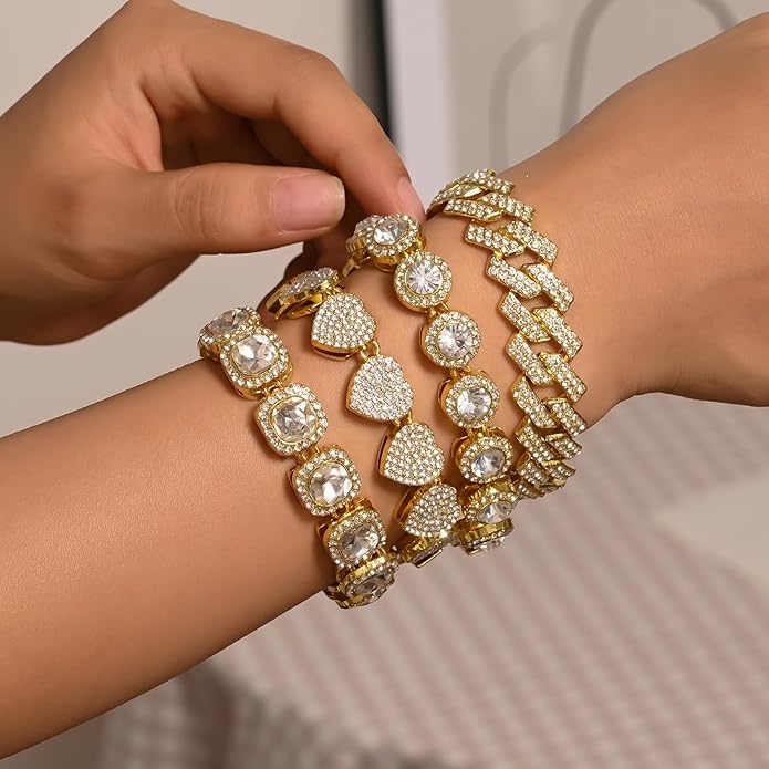 4-PCS Cuban Link Bracelets for Women,Diamond Tennis Bracelet Set,14K Gold Plated Layered Stackable Jewelry, Adjustable Bling Gift Set for Women