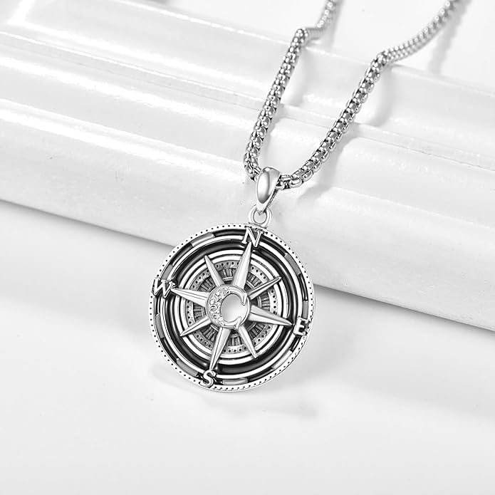 KINGWHYTE Compass Necklace for Men 925 Sterling Silver Birthday Gifts Graduation Travel Jewelry for Husband Brother with Stainless Steel Chain