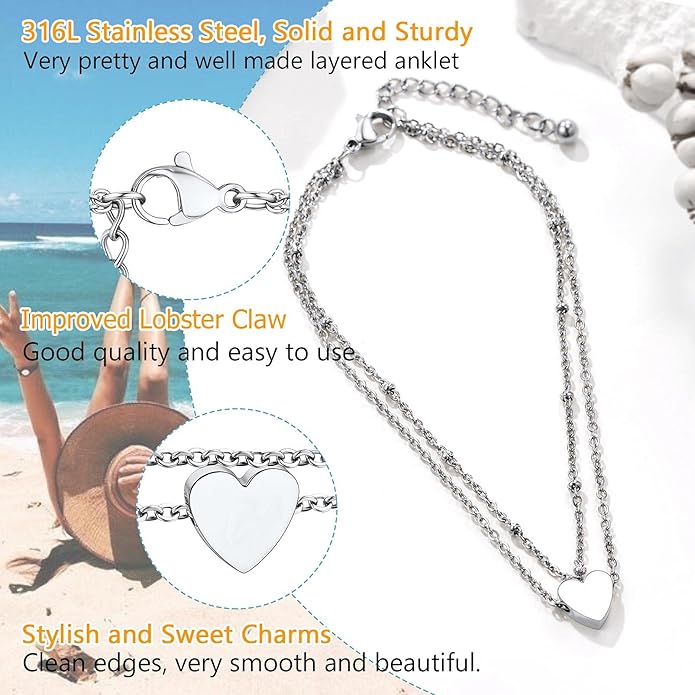PROSTEEL Stainless Steel Chain Anklets for Women, Silver/Gold Tone, Ankle Bracelets Hypoallergenic, 8-10.5 Inch Adjustable, Come with Box