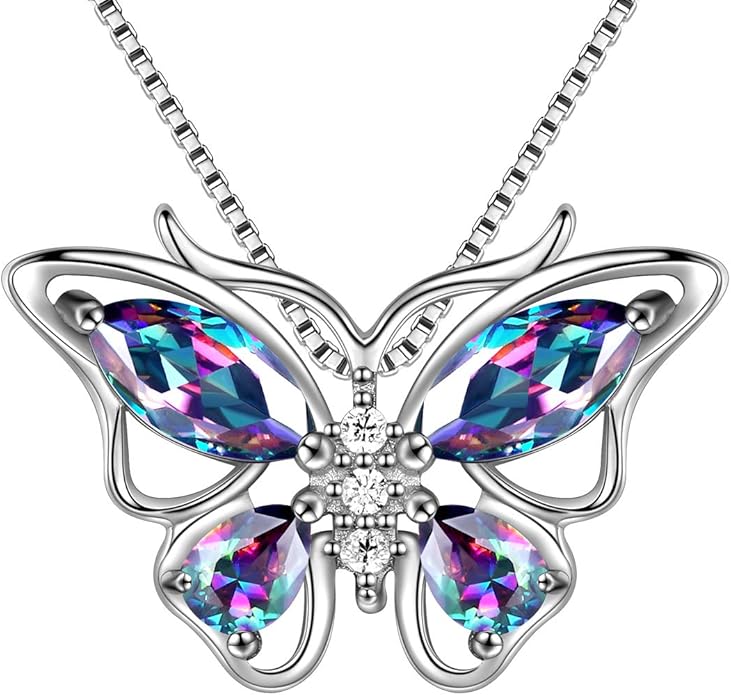 Aurora Tears Butterfly Birthstone Pendant Necklace - Women 925 Sterling Silver Butterflies Birthstone Pendant Necklace Jewelry Birthday Gift for Women