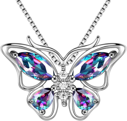 Aurora Tears Butterfly Birthstone Pendant Necklace - Women 925 Sterling Silver Butterflies Birthstone Pendant Necklace Jewelry Birthday Gift for Women