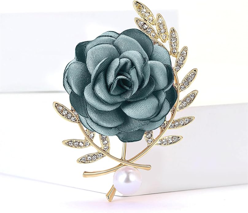 Rose Brooch for Women,Dainty Satin Fabric Flower Lapel Pins Vintage Elegant Pearl Brooches Handmade Crystal Pearl Pins Silk Camellia Safety Collar Pin Dress Suit Accessories Wedding Bridal Bouquet Jewelry