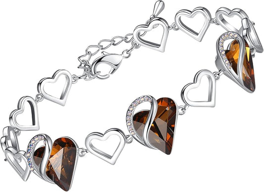 Leafael Infinity Love Heart Link Bracelets, Birthstone or Healing Stone Crystal Bracelet for Women, Silver Tone Jewelry Gifts for Her, 7-inch Chain and 2-inch Extender
