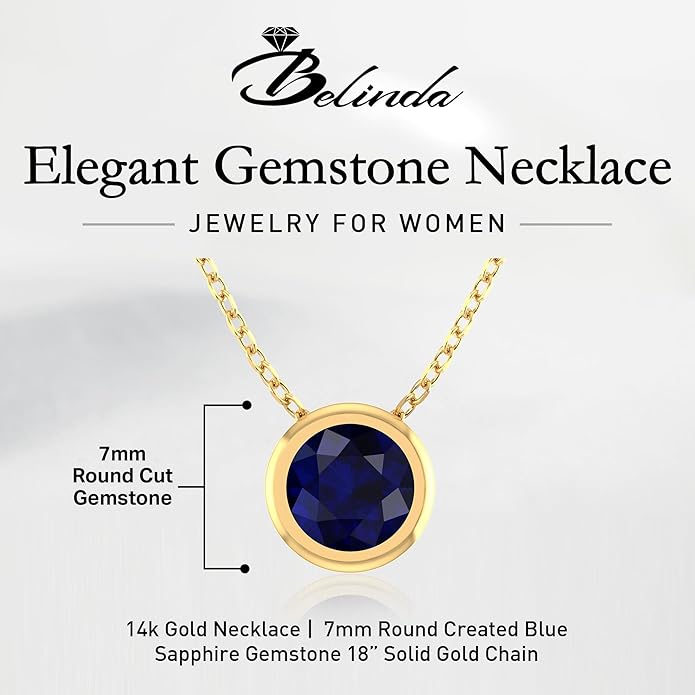 14K Gold Necklace for Women - 7mm Round Natural Gemstone Pendant with 18" Gold Chain - Trendy Birthstone Statement Fine Jewelry - Yellow Gold, Elegant Women's Accessories