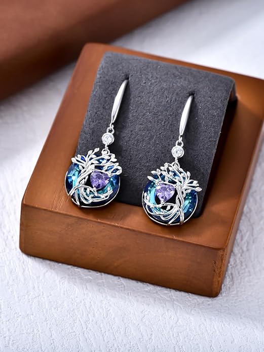 TOUPOP Tree of Life Birthstone Earrings for Women 925 Sterling Silver Family Tree Dangle Earrings Austrian Crystal Jewelry Birthday Christmas Gifts for Her Girlfriend Wife Mom
