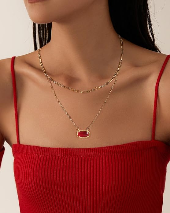 Lourny Gemstone Birthstone Pendant Layered Necklace for Women Trendy, 18K Gold Plated Paperclip Chain Preppy Choker Charm Necklace for Women Wife Jewelry