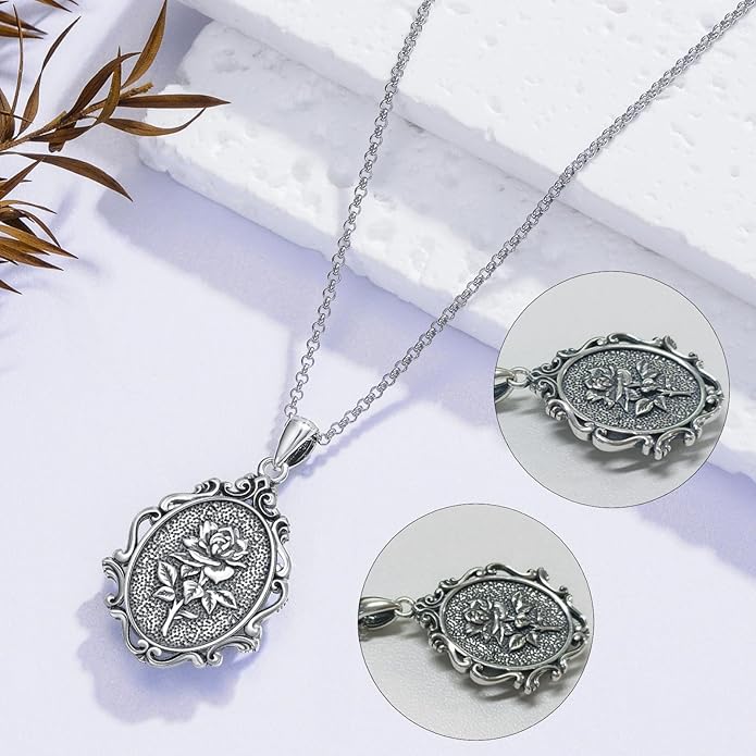 PELOVNY Rose Necklace 925 Sterling Silver Moonstone Turquoise Obsidian Necklace Victorian Cameo Rose Vintage Western Jewelry Christmas Valentines Day Gifts for Women