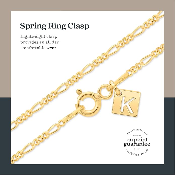 KEZEF Sterling Silver 1.5mm Figaro Chain Necklace for Women - 925 Italian Diamond Cut Chain, Available in Silver, 18K Yellow Gold, Rose Gold, 16-30 Inches