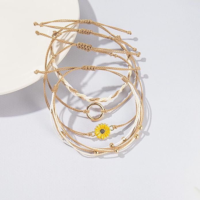 FANCY SHINY Sunflower String Bracelet Boho Braided Rope Wrap Bracelets Cute Summer Beach Surfer Jewelry for Women