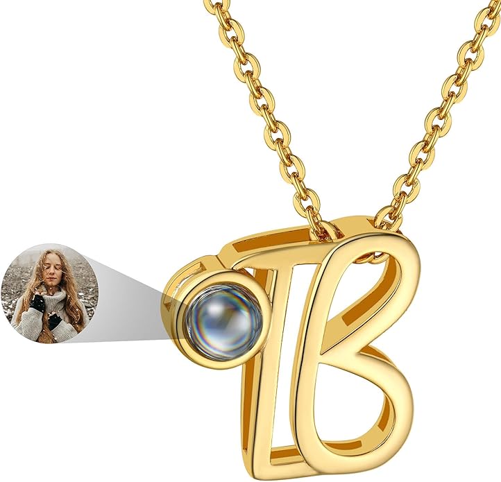 Custom4U Personalized Initial Picture Necklace for Women, Projection Necklace with Picture Inside, Gold/Silver Letter Pendant Necklace, Custom Photo Gifts for Mom Wife Birthday Valentines